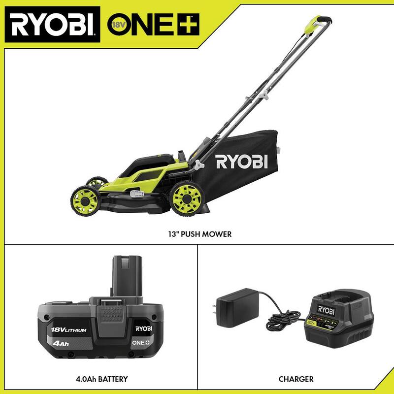 RYOBI ONE+ 18V 13 in. Cordless Battery Walk Behind Push Lawn Mower with 4.0 Ah Battery and Charger - P1180