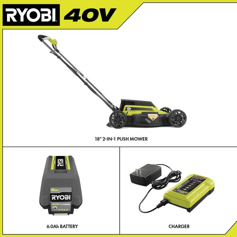 RYOBI 40-Volt 18 in. 2-in-1 Cordless Battery Walk Behind Push Lawn Mower with 6.0 Ah Battery and Charger - RY401101