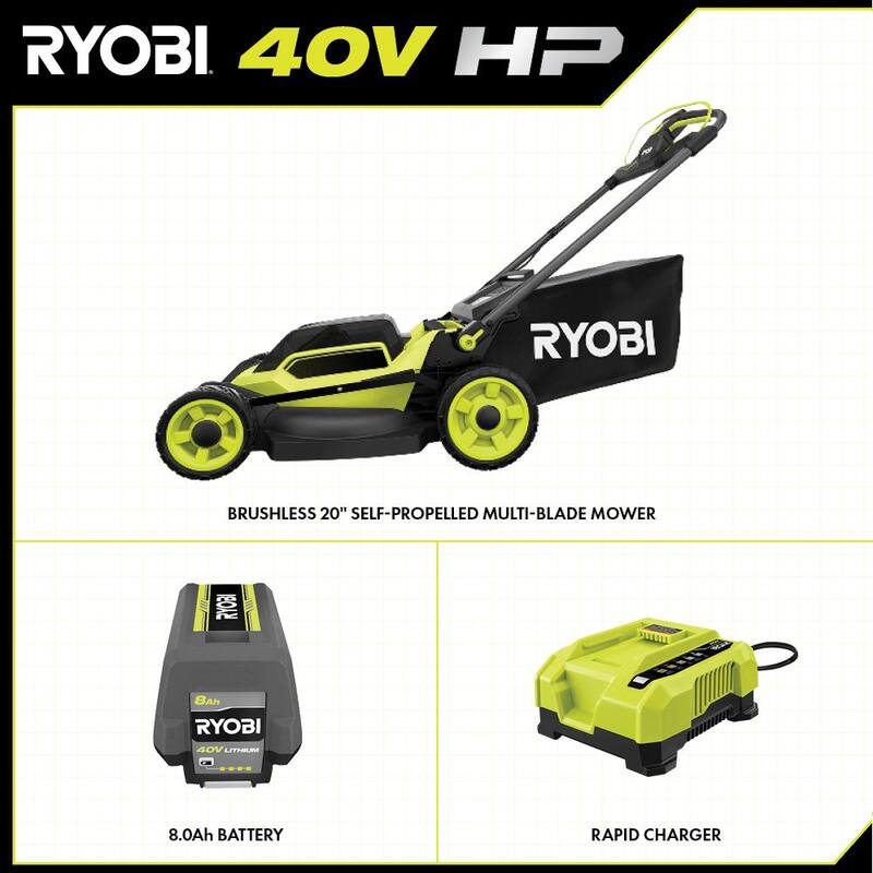 RYOBI 40V HP Brushless 20 in. Cordless Electric Battery Multi-Blade Walk Behind Self-Propelled Mower - 8.0Ah Battery & Charger - RY401260VNM