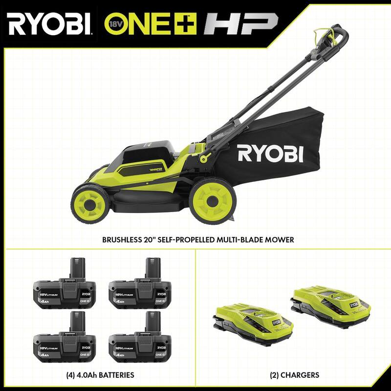 RYOBI ONE+ 18V HP Brushless Whisper Series 20" Self-Propelled Multi-Blade Walk Behind Mower - (4) 4.0 Batteries & (2) Chargers - P11100