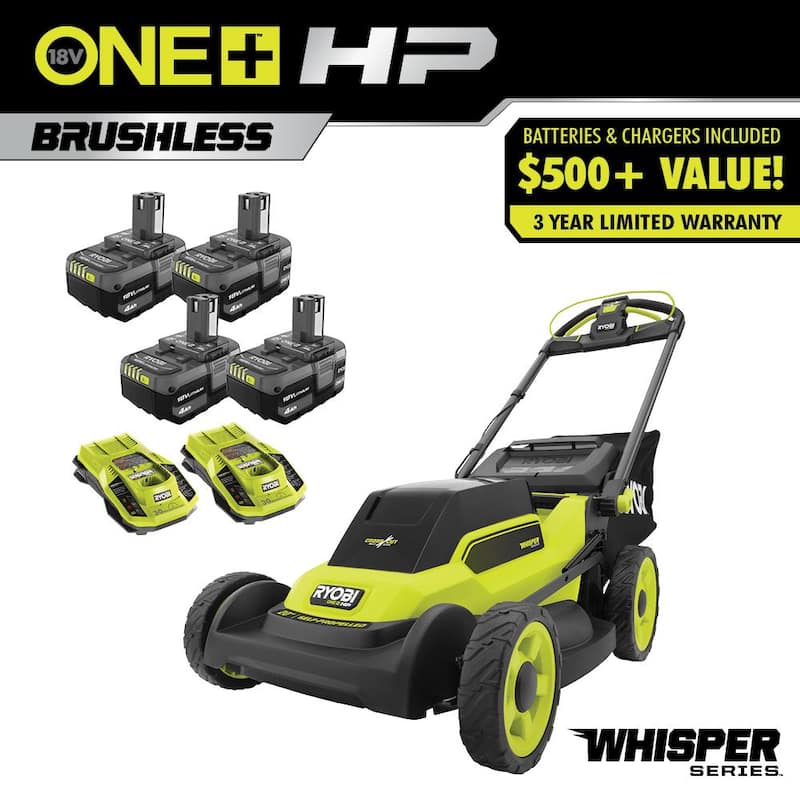RYOBI ONE+ 18V HP Brushless Whisper Series 20" Self-Propelled Multi-Blade Walk Behind Mower - (4) 4.0 Batteries & (2) Chargers - P11100