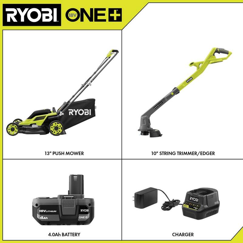 RYOBI ONE+ 18V 13 in. Cordless Walk Behind Push Lawn Mower and Cordless String Trimmer/Edger with 4.0 Ah Battery and Charger - P1180VNM-PCLST01B