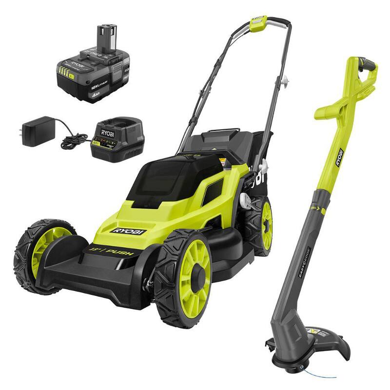 RYOBI ONE+ 18V 13 in. Cordless Walk Behind Push Lawn Mower and Cordless String Trimmer/Edger with 4.0 Ah Battery and Charger - P1180VNM-PCLST01B