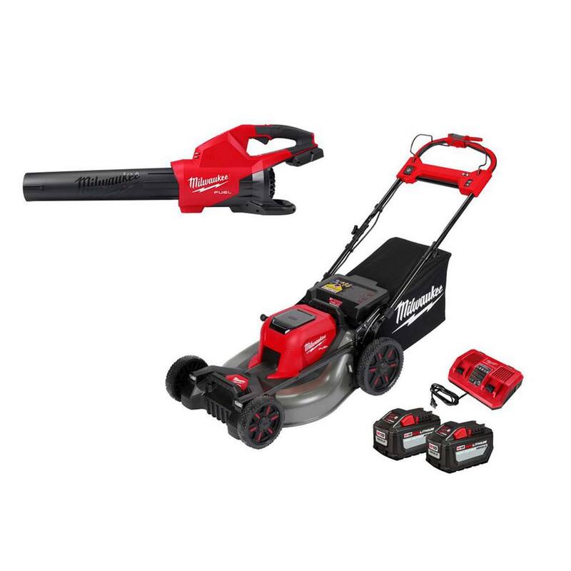 Milwaukee M18 FUEL Brushless Cordless 21 in. Walk Behind Self-Propelled Mower with (2) 12Ah Battery, Charger & Dual Battery Blower - 2823-22HD-2824-20