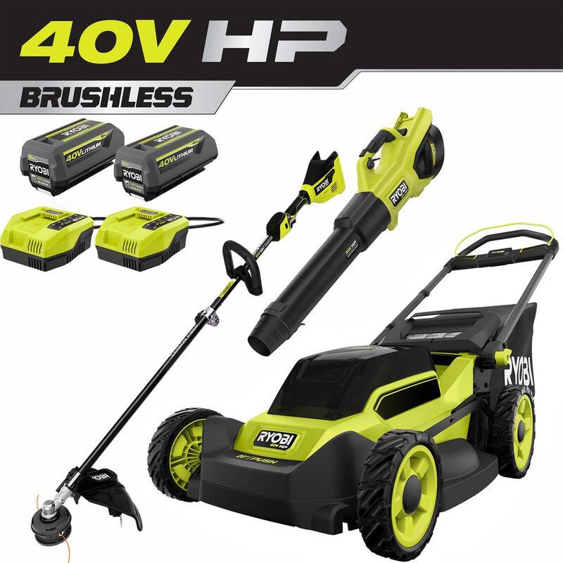 RYOBI 40V HP Brushless 20 in. Cordless Battery Walk Behind Push Mower, String Trimmer, & Blower - Batteries and Chargers - RY401170-3X