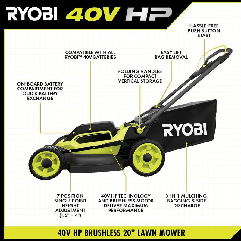 RYOBI 40V HP Brushless 20 in. Cordless Battery Walk Behind Push Mower, String Trimmer, & Blower - Batteries and Chargers - RY401170-3X