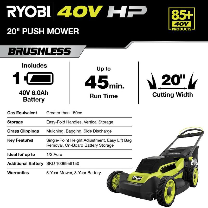 RYOBI 40V HP Brushless 20 in. Cordless Battery Walk Behind Push Mower, String Trimmer, & Blower - Batteries and Chargers - RY401170-3X