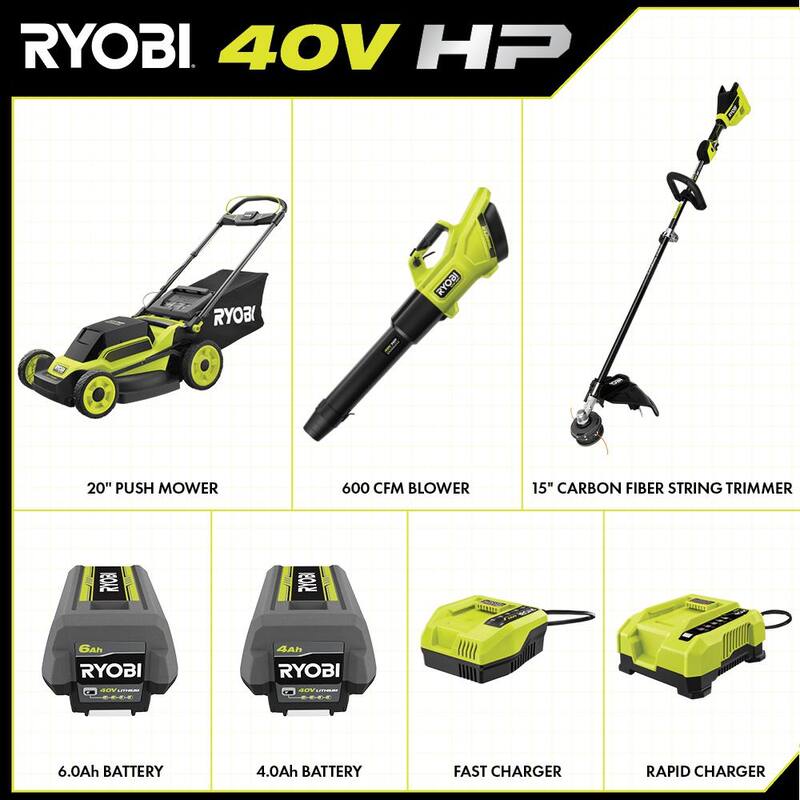 RYOBI 40V HP Brushless 20 in. Cordless Battery Walk Behind Push Mower, String Trimmer, & Blower - Batteries and Chargers - RY401170-3X