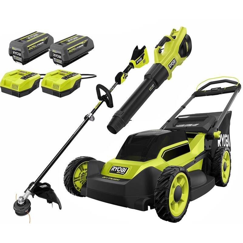 RYOBI 40V HP Brushless 20 in. Cordless Battery Walk Behind Push Mower, String Trimmer, & Blower - Batteries and Chargers - RY401170-3X