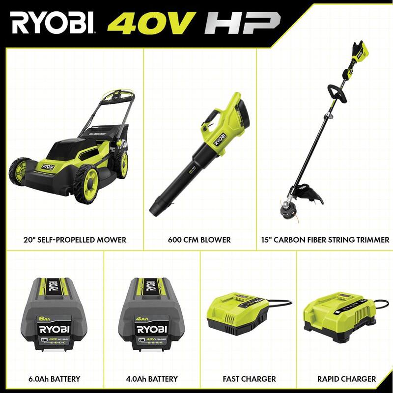 RYOBI 40V HP Brushless 20 in. Cordless Battery Walk Behind Self-Propelled Mower, Trimmer, Blower with Batteries and Chargers - RY401180-3X