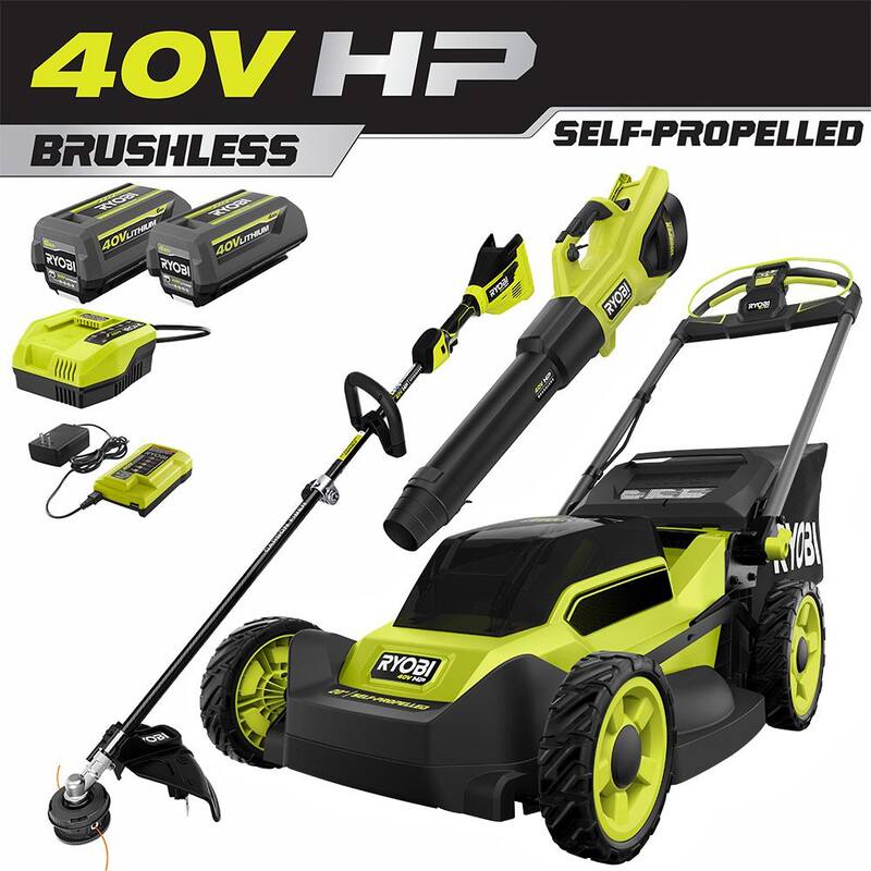 RYOBI 40V HP Brushless 20 in. Cordless Battery Walk Behind Self-Propelled Mower, Trimmer, Blower with Batteries and Chargers - RY401180-3X