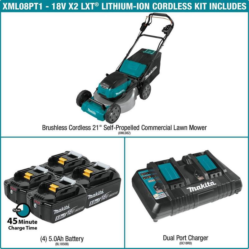 Makita 21 in. 18V X2 (36V) LXT Lithium-Ion Cordless Walk Behind Self Propelled Lawn Mower Kit with 4 Batteries (5.0 Ah) - XML08PT1