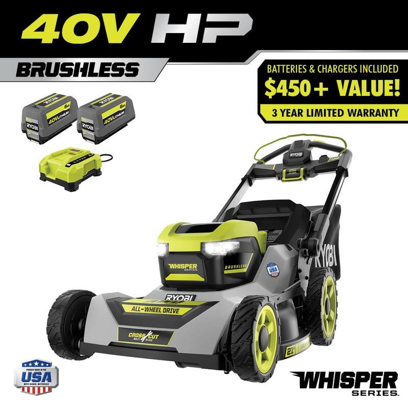 RYOBI 40-Volt HP Brushless 21 in. Whisper Series Cordless Walk-Behind Multi-Blade Push Mower - (2) 6.0 Ah Batteries & Charger - RY401220