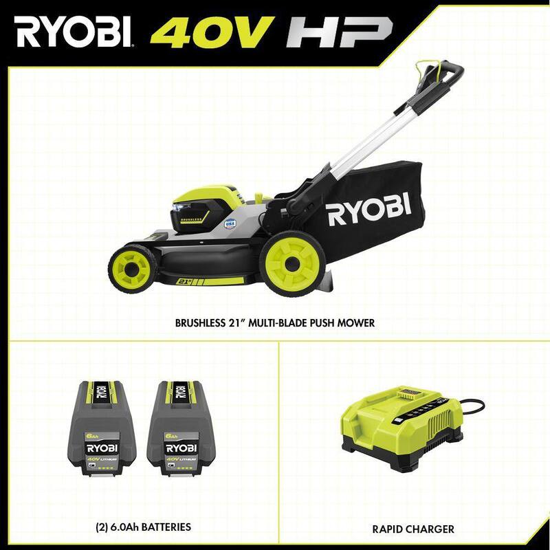 RYOBI 40-Volt HP Brushless 21 in. Whisper Series Cordless Walk-Behind Multi-Blade Push Mower - (2) 6.0 Ah Batteries & Charger - RY401220