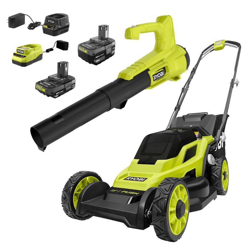 RYOBI One+ 18-Volt 13 in. Cordless Battery Walk Behind Push Lawn Mower and 250 CFM Blower with (2) Batteries and (2) Chargers - P1180VNM-P21011K