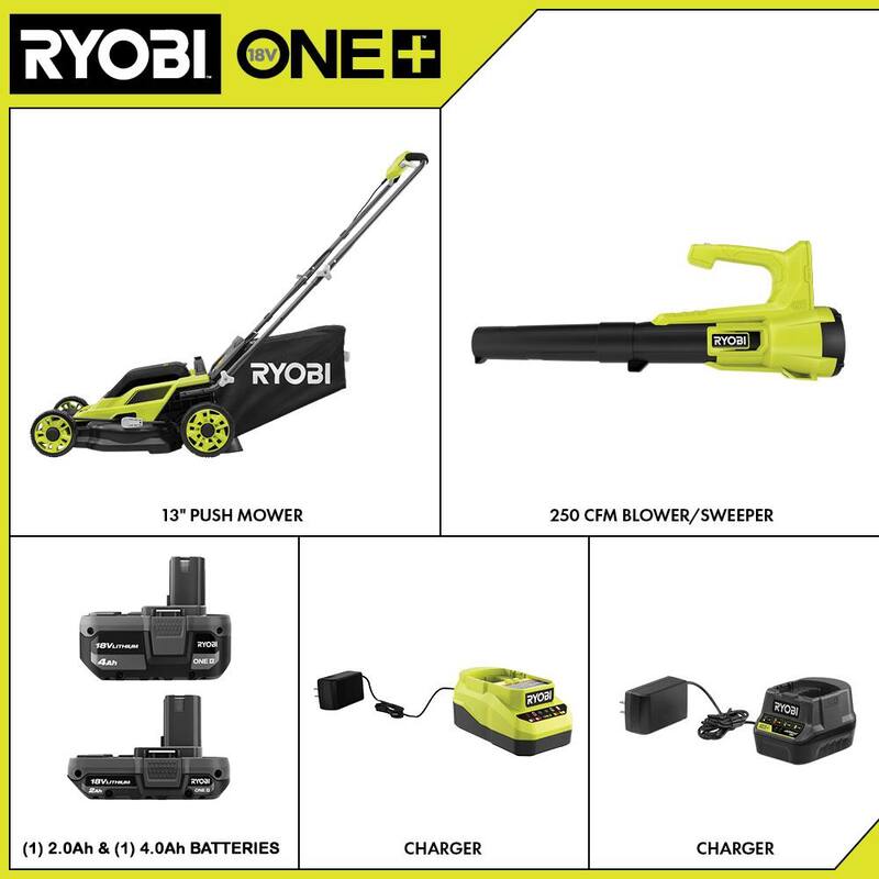 RYOBI One+ 18-Volt 13 in. Cordless Battery Walk Behind Push Lawn Mower and 250 CFM Blower with (2) Batteries and (2) Chargers - P1180VNM-P21011K