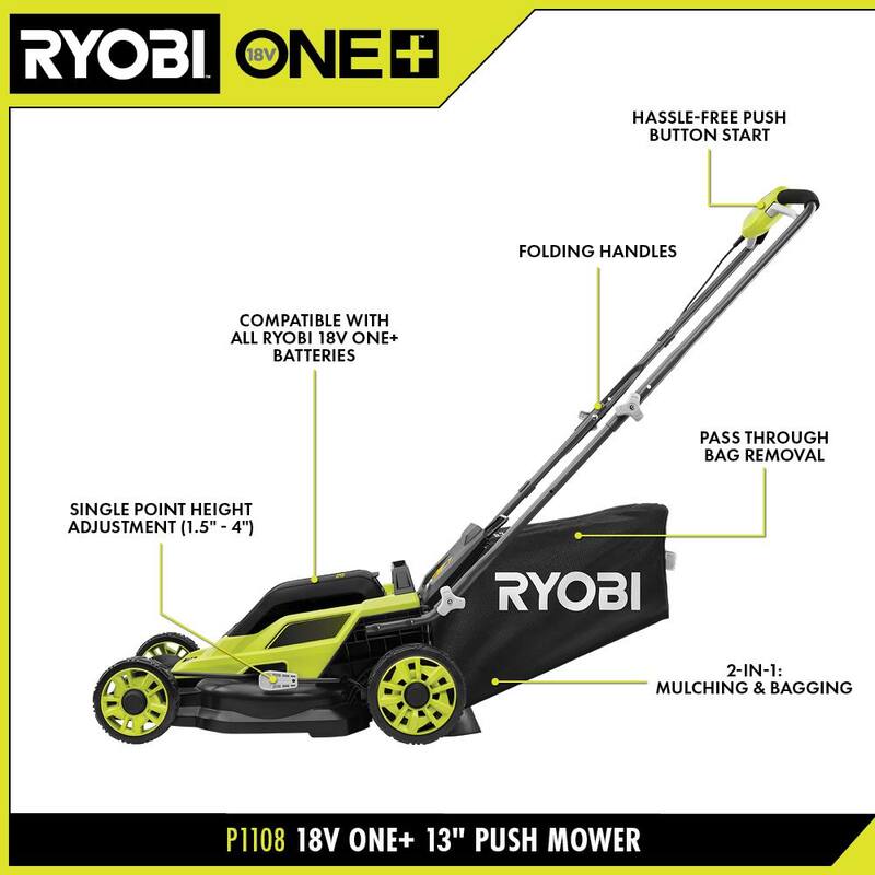RYOBI One+ 18-Volt 13 in. Cordless Battery Walk Behind Push Lawn Mower and 250 CFM Blower with (2) Batteries and (2) Chargers - P1180VNM-P21011K