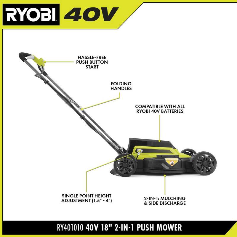 RYOBI 40V 18 in. 2-in-1 Cordless Battery Walk Behind Push Mower (Tool Only) - RY401010BTL