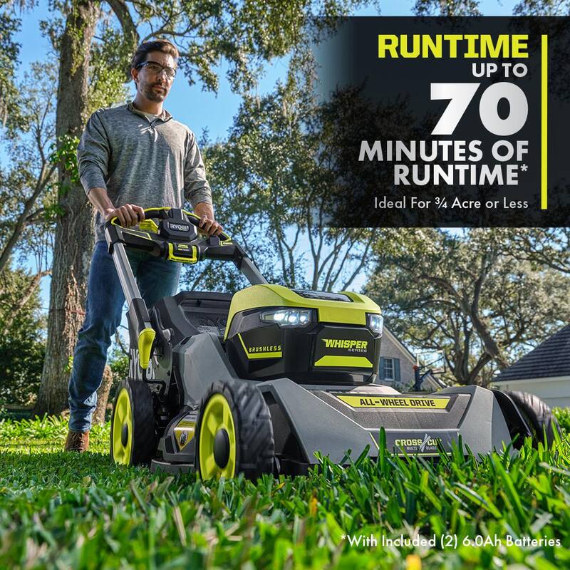 RYOBI 40V HP Brushless Whisper Series 21" Walk Behind Self-Propelled All Wheel Drive Mower, Trimmer/Blower/Batteries/Chargers - RY401210-3X
