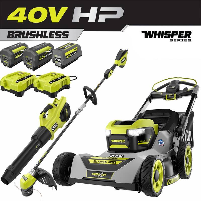 RYOBI 40V HP Brushless Whisper Series 21" Walk Behind Self-Propelled All Wheel Drive Mower, Trimmer/Blower/Batteries/Chargers - RY401210-3X