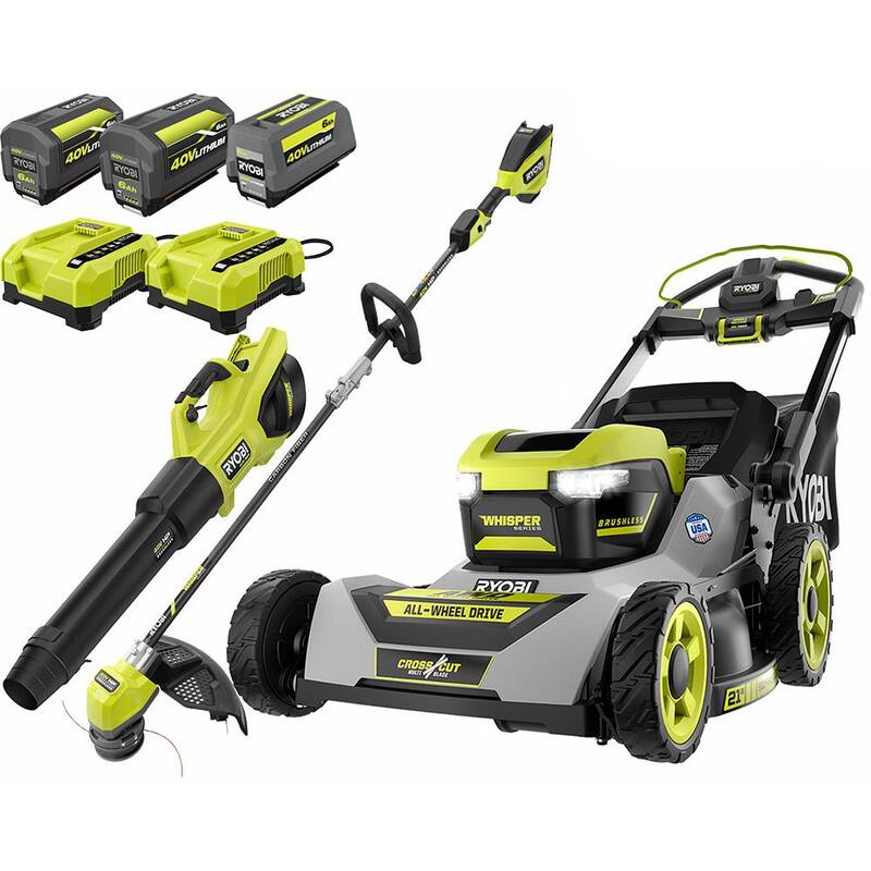 RYOBI 40V HP Brushless Whisper Series 21" Walk Behind Self-Propelled All Wheel Drive Mower, Trimmer/Blower/Batteries/Chargers - RY401210-3X