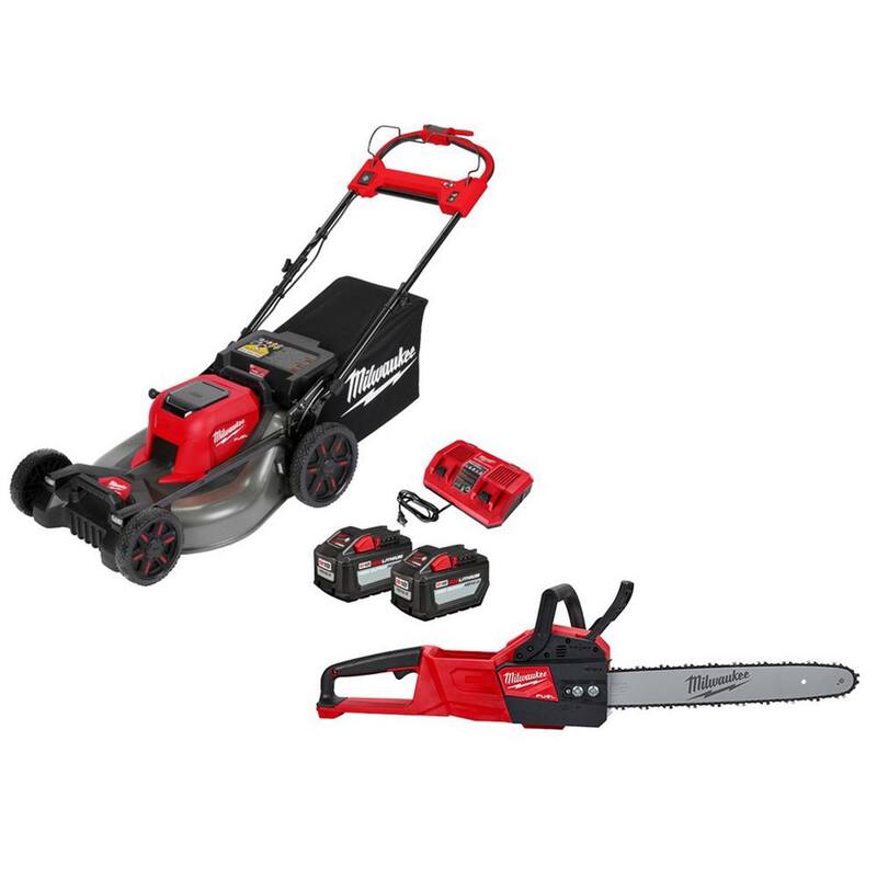 Milwaukee M18 FUEL Brushless Cordless 21 in. Dual Battery Self-Propelled Lawn Mower w/ Chainsaw, (2) 12.0Ah Batteries - 2823-22HD-2727-20