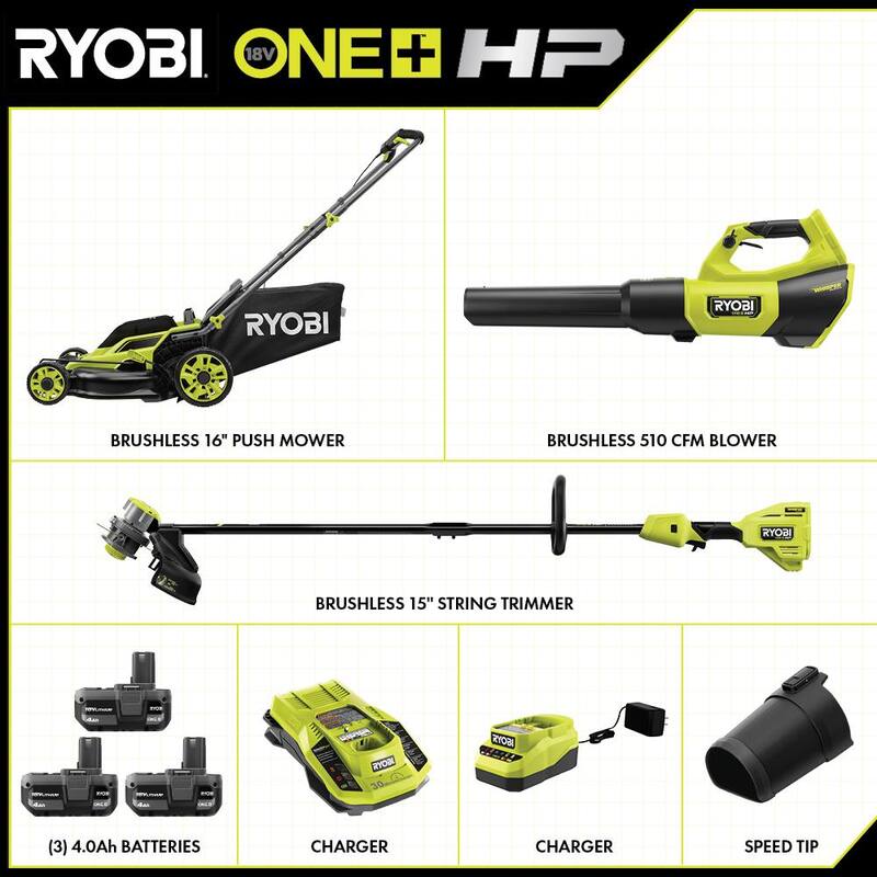 RYOBI ONE+ HP 18V Brushless 16 in. Cordless Battery Push Lawn Mower, String Trimmer & Blower w/(3) Batteries & (2) Chargers - P1190VNM-PBLCK201K