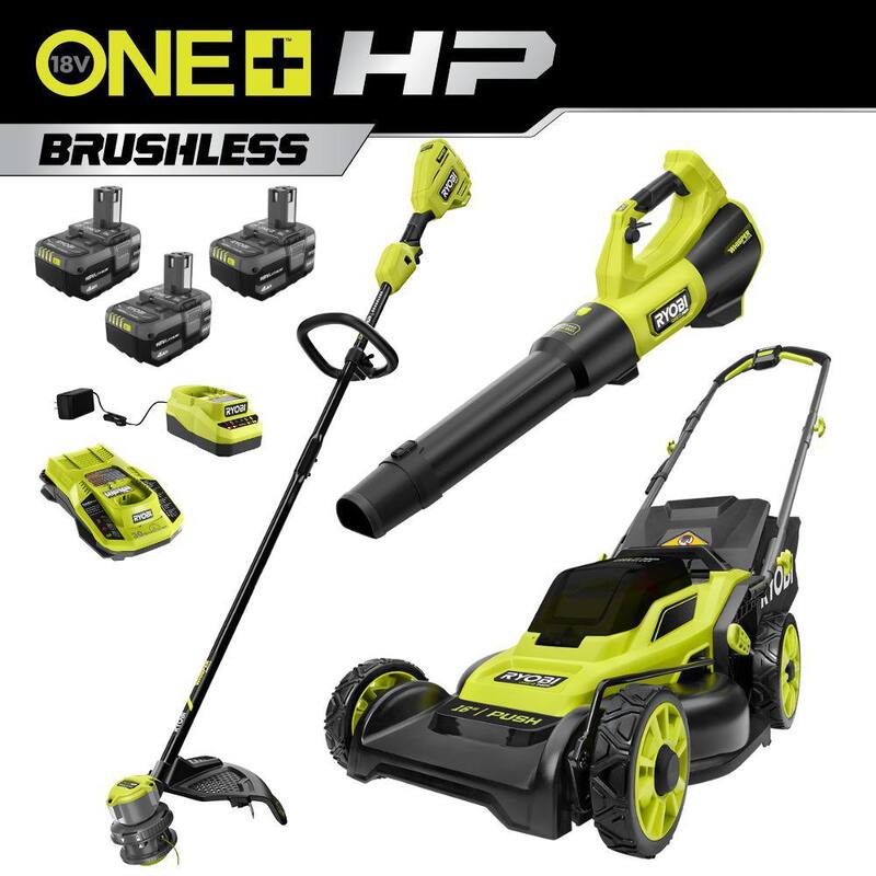 RYOBI ONE+ HP 18V Brushless 16 in. Cordless Battery Push Lawn Mower, String Trimmer & Blower w/(3) Batteries & (2) Chargers - P1190VNM-PBLCK201K