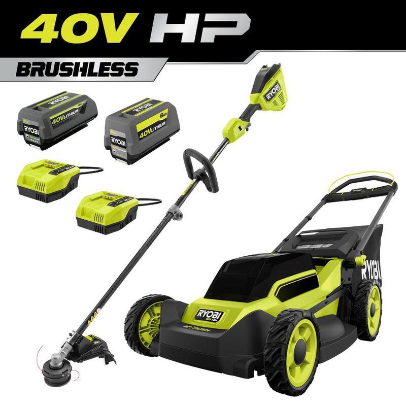 RYOBI 40V HP Brushless 20 in. Cordless Battery Walk Behind Push Mower and Trimmer - (2) Batteries/(2) Rapid Chargers - RY401170VNM-RY40HPST01K