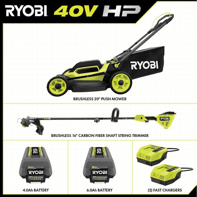 RYOBI 40V HP Brushless 20 in. Cordless Battery Walk Behind Push Mower and Trimmer - (2) Batteries/(2) Rapid Chargers - RY401170VNM-RY40HPST01K