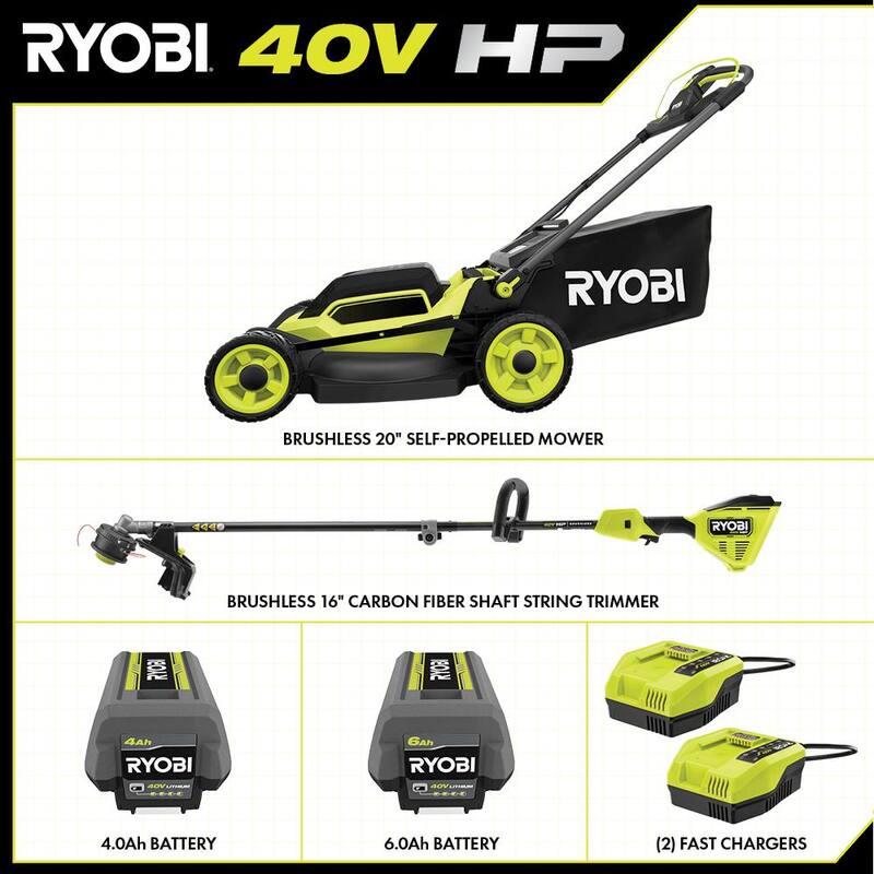 RYOBI 40-Volt HP Brushless 20 in. Cordless Electric Walk Behind Self-Propelled Mower and Trimmer - (2) Batteries/(2) Chargers - RY401180VNM-RY40HPST01K