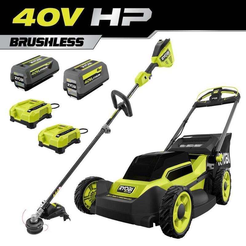 RYOBI 40-Volt HP Brushless 20 in. Cordless Electric Walk Behind Self-Propelled Mower and Trimmer - (2) Batteries/(2) Chargers - RY401180VNM-RY40HPST01K