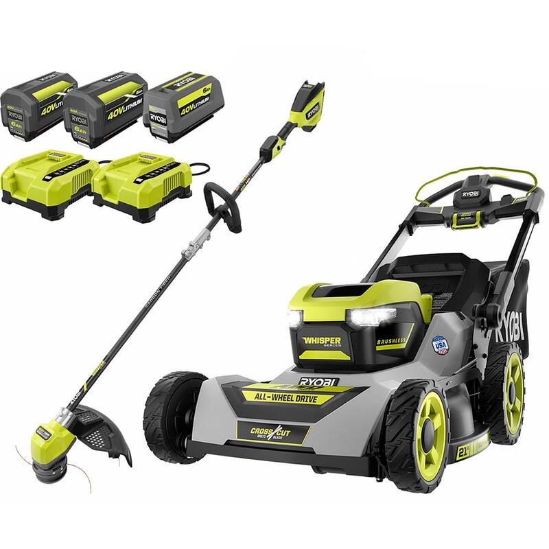 RYOBI 40-Volt HP Brushless Whisper Series 21 in. Walk Behind Self-Propelled All Wheel Drive Mower Trimmer 3 Batteries Chargers - RY401210-4X