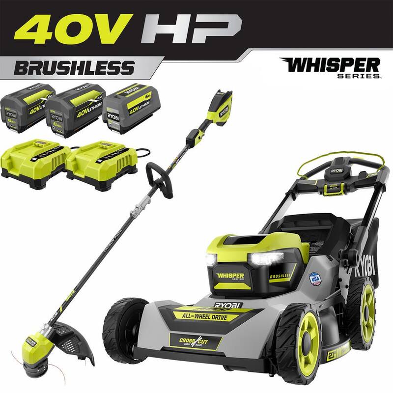 RYOBI 40-Volt HP Brushless Whisper Series 21 in. Walk Behind Self-Propelled All Wheel Drive Mower Trimmer 3 Batteries Chargers - RY401210-4X