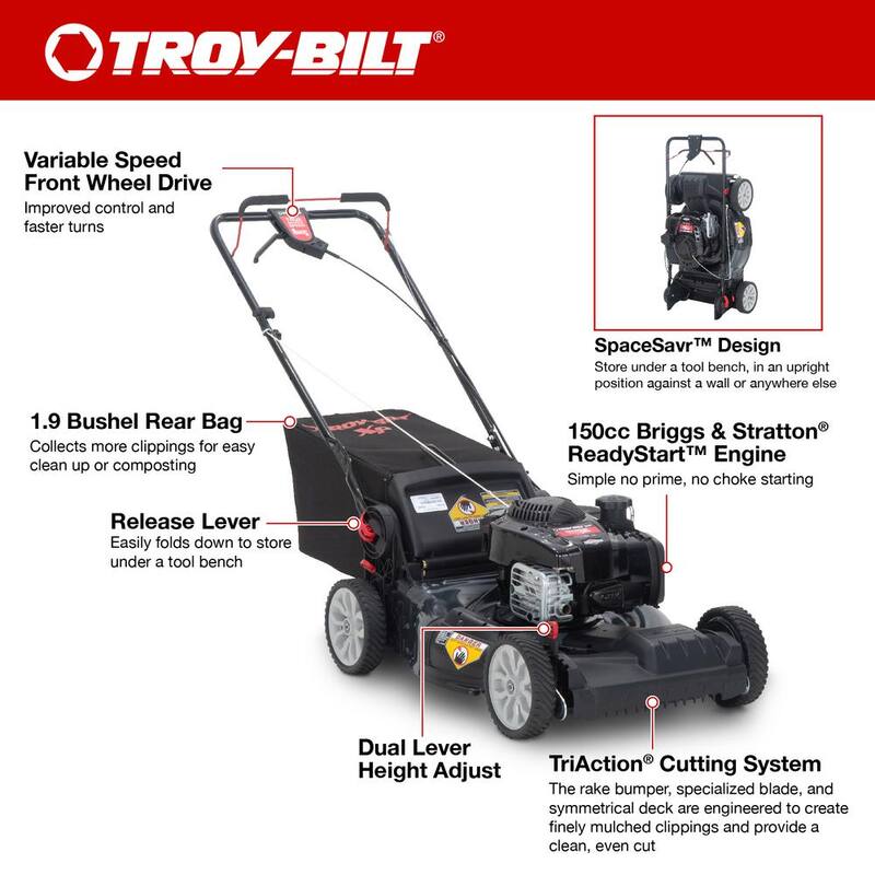 Troy-Bilt XP 21 in. 150 cc Vertical Storage Briggs and Stratton ReadyStart Series Gas Engine 3-in-1 FWD Self Propelled Lawn Mower - TB220B XP Space Savr