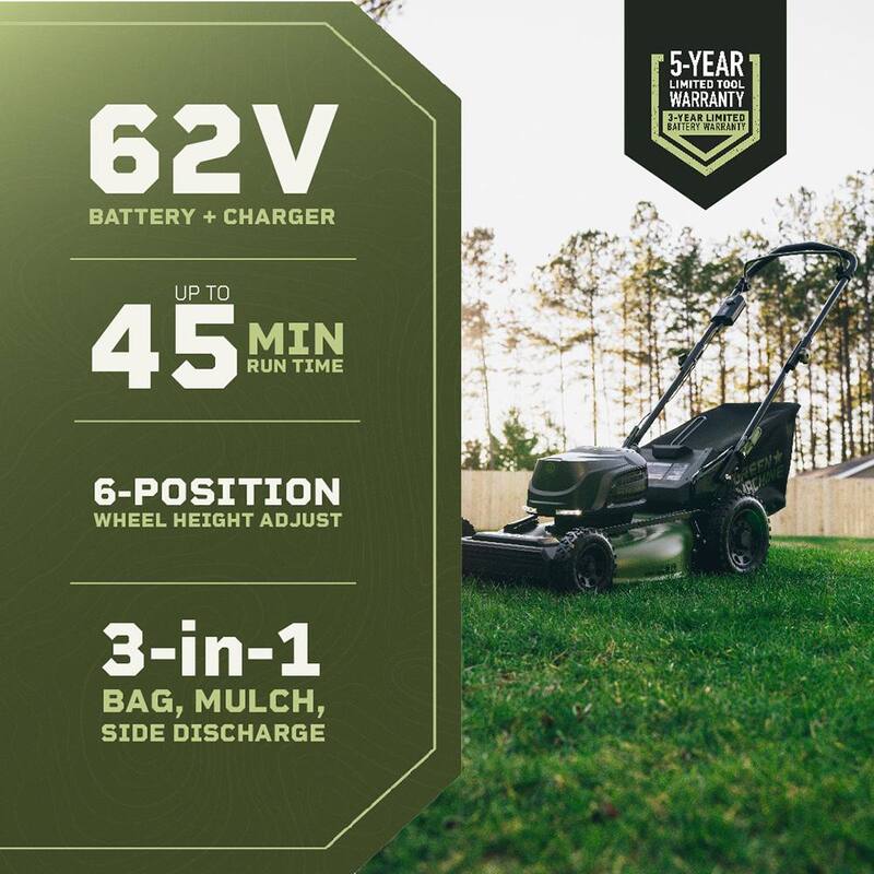Green Machine 62V Cordless 3-in-1 High Wheel Push Walk Behind Mower, Brushless 22 In. Cutting Width with 4Ah Battery and Rapid Charger - GMPM6200
