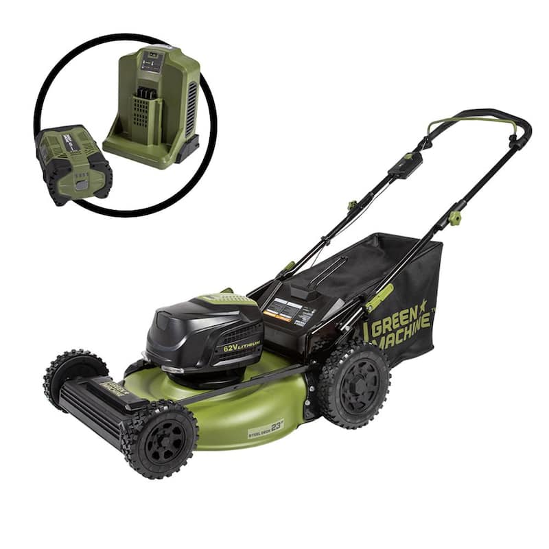 Green Machine 62V Cordless 3-in-1 High Wheel Push Walk Behind Mower, Brushless 22 In. Cutting Width with 4Ah Battery and Rapid Charger - GMPM6200