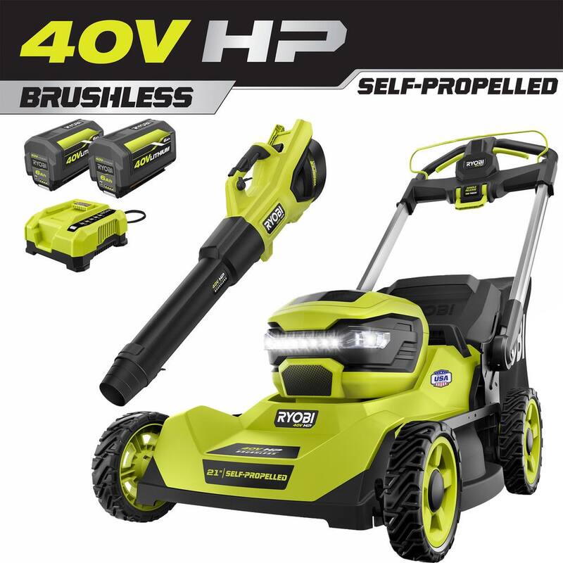 RYOBI 40V HP Brushless 21 in. Cordless Battery Walk Behind Self-Propelled Lawn Mower & Blower (2) 6.0 Ah Batteries and Charger - RY401140-2X
