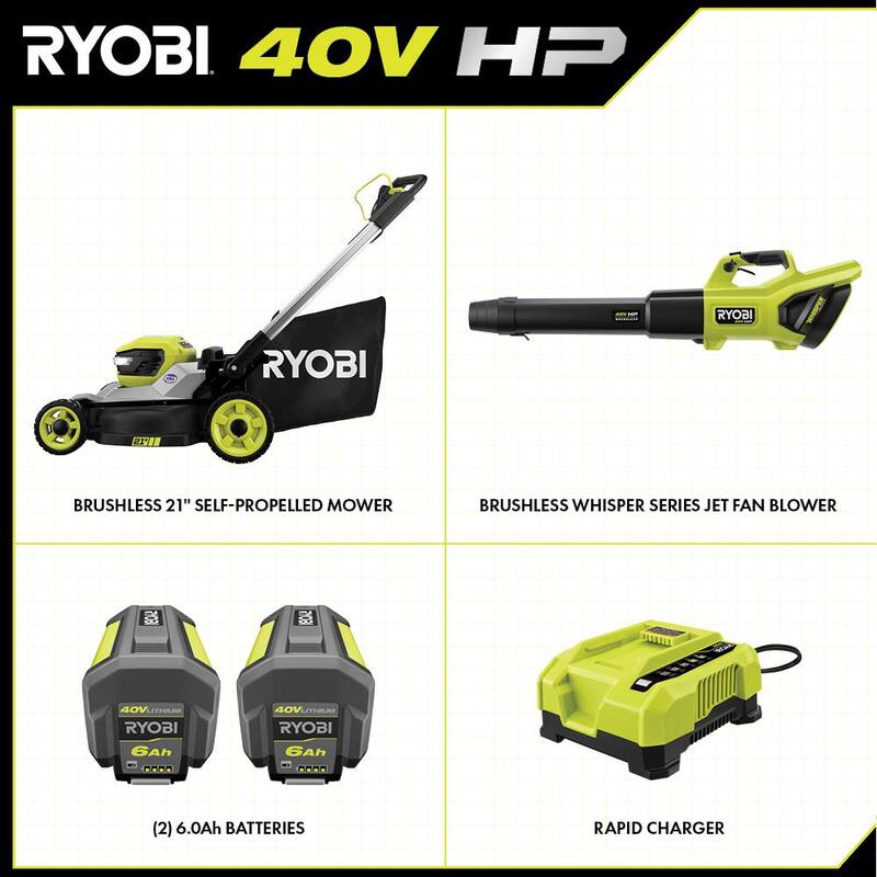 RYOBI 40V HP Brushless 21 in. Cordless Battery Walk Behind Self-Propelled Lawn Mower & Blower (2) 6.0 Ah Batteries and Charger - RY401140-2X