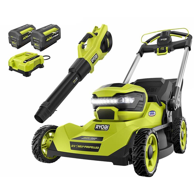 RYOBI 40V HP Brushless 21 in. Cordless Battery Walk Behind Self-Propelled Lawn Mower & Blower (2) 6.0 Ah Batteries and Charger - RY401140-2X