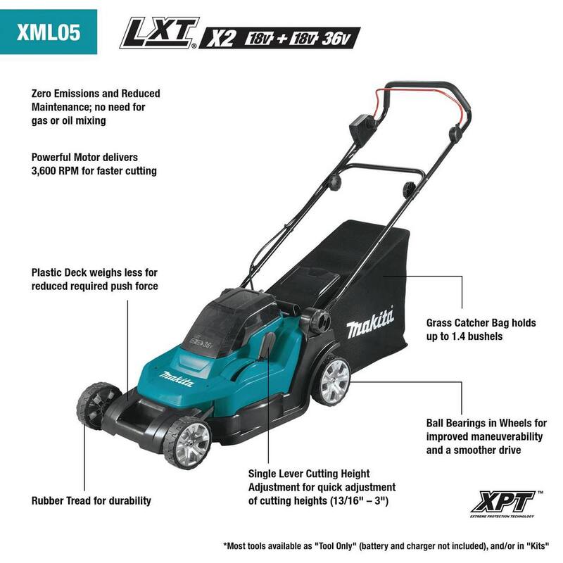 Makita 18V X2 (36V) LXT 17 in. Walk Behind Residential Lawn Mower Kit (5.0Ah) with LXT Blower and LXT 13 in. String Trimmer - XML05PT-XBU3XRU