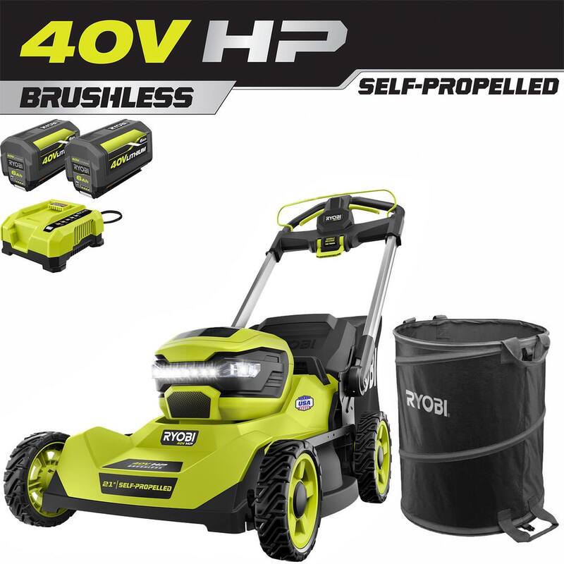 RYOBI 40V HP Brushless 21 in. Cordless Battery Walk Behind Self-Propelled Mower with (2) Batteries, Charger, Lawn & Leaf Bag - RY401140US-LB