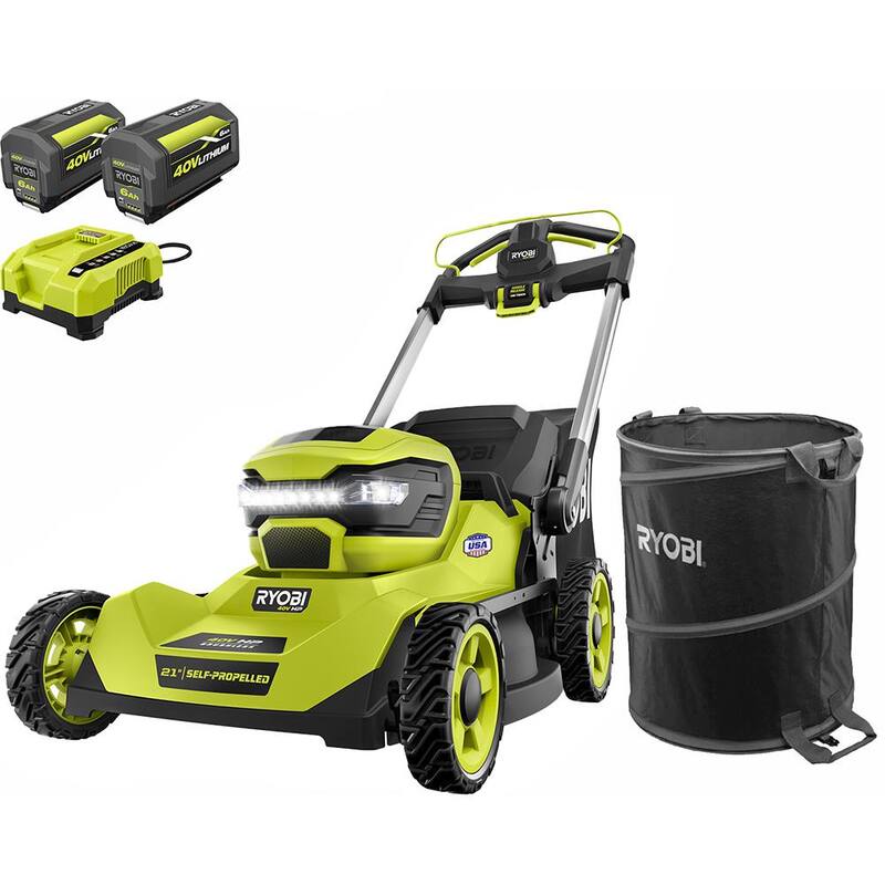 RYOBI 40V HP Brushless 21 in. Cordless Battery Walk Behind Self-Propelled Mower with (2) Batteries, Charger, Lawn & Leaf Bag - RY401140US-LB