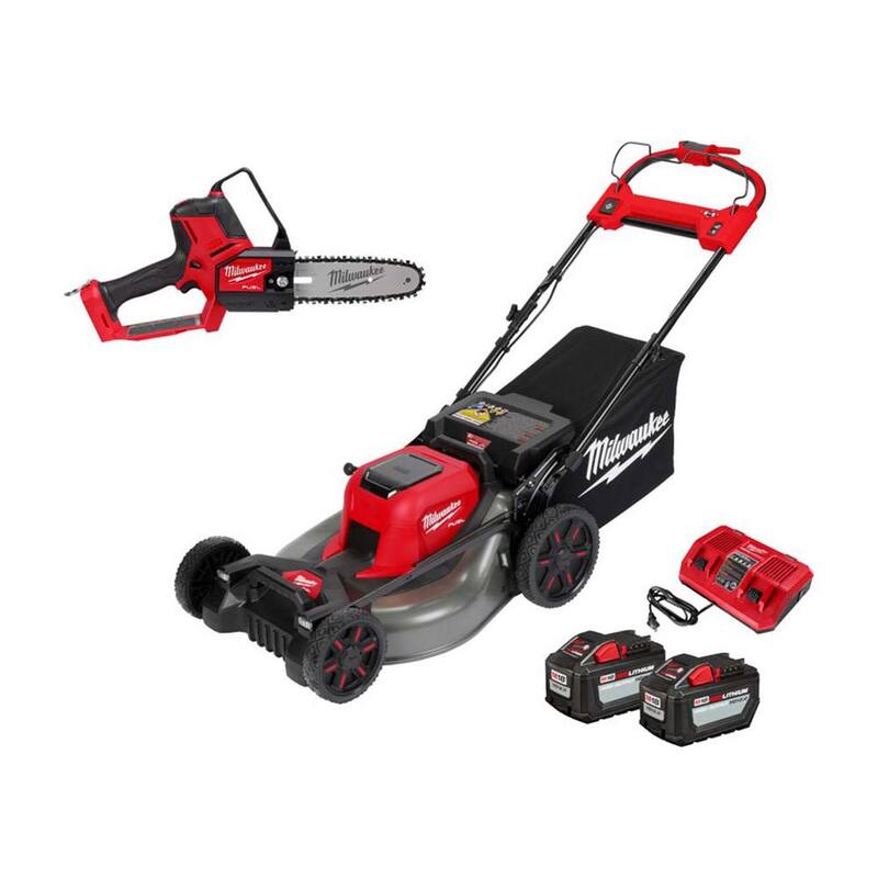 Milwaukee M18 FUEL Brushless Cordless 21 in. Dual Battery Self-Propelled Mower w/8 in. Pruning Saw, (2) 12.0Ah Battery, Charger - 2823-22HD-3004-20