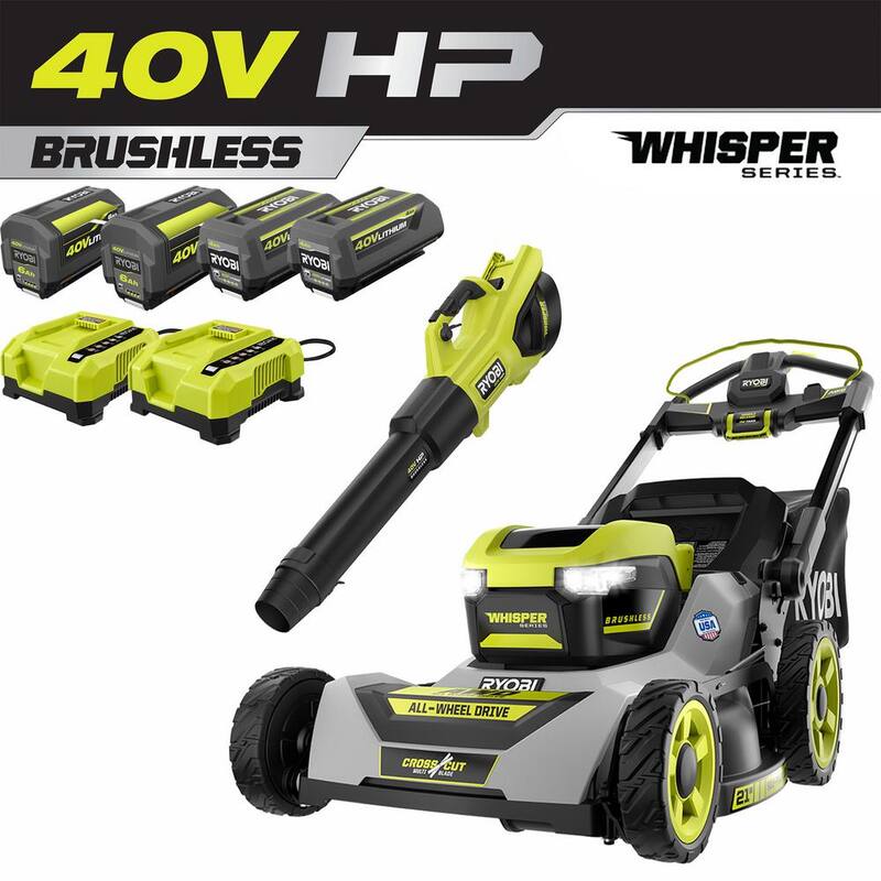 RYOBI 40V HP Brushless Whisper Series 21 in. Walk Behind Self-Propelled All Wheel Drive Mower, Blower, (4) Batteries, Chargers - RY401210-2X