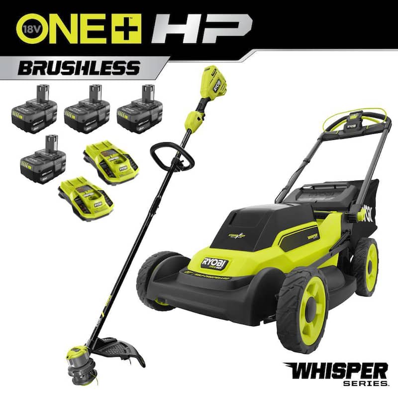 RYOBI ONE+ 18V HP Brushless Whisper Series 20" Battery Self-Propelled Dual Blade Walk Behind Mower/Trimmer/Batteries/Chargers - P11100-4X