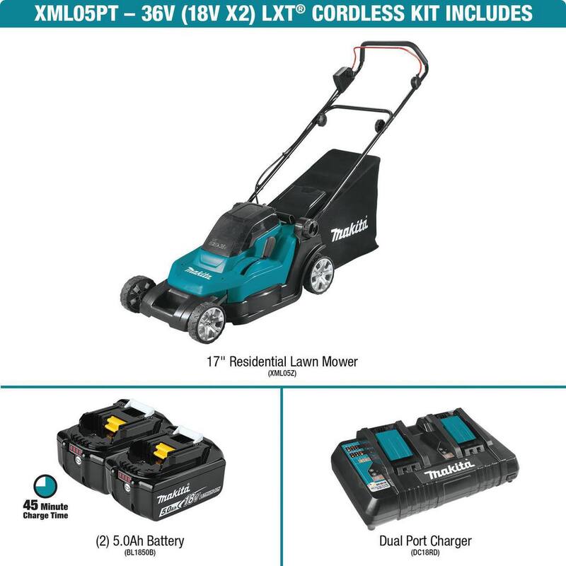 Makita 18V X2 (36V) LXT Lithium-Ion Cordless 17 in. Walk Behind Residential Lawn Mower Kit (5.0Ah) - XML05PT
