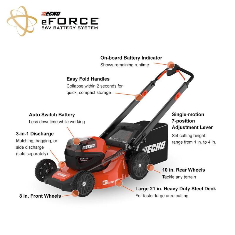 ECHO eFORCE 21 in. 56-Volt Cordless Battery Walk Behind Push Lawn Mower Tool Only - DLM-2100BT