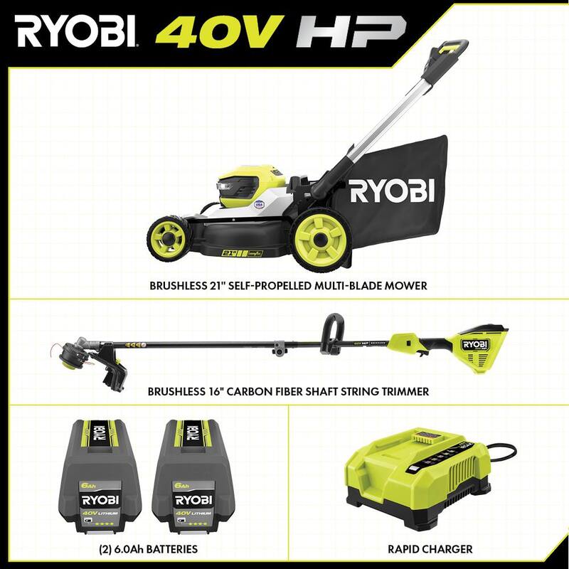 RYOBI 40-Volt HP Brushless 21 in. Cordless Walk Behind Multi-Blade Self-Propelled Mower & Trimmer - 2 Batteries and 2 Chargers - RY401150US-RY40HPST01B
