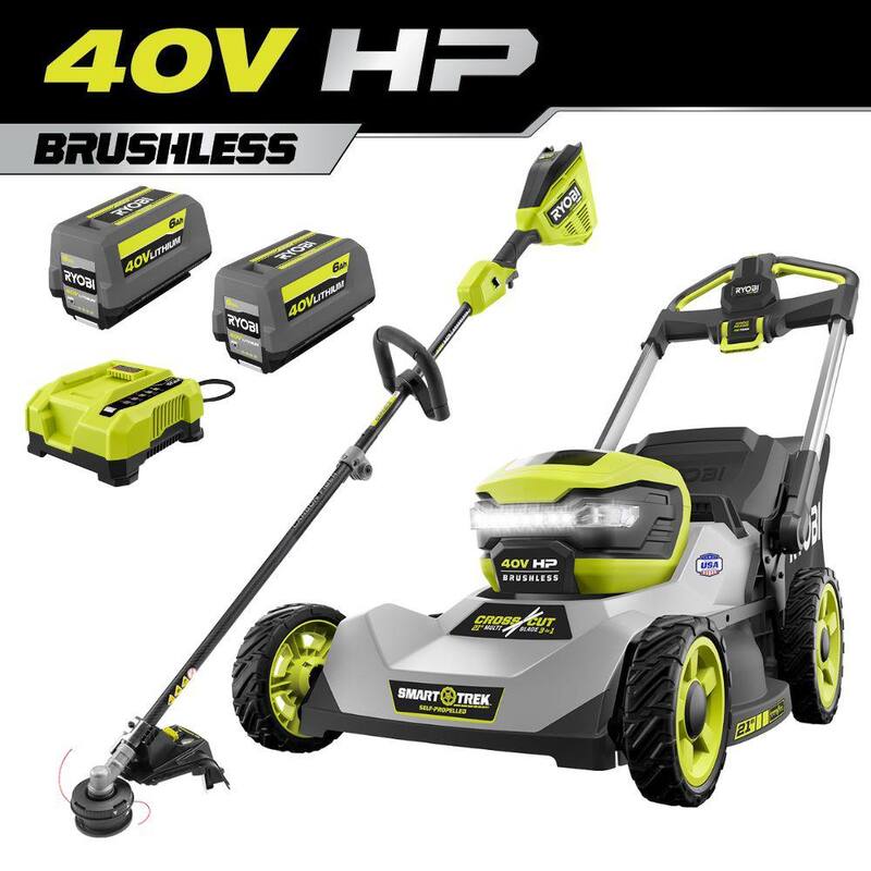 RYOBI 40-Volt HP Brushless 21 in. Cordless Walk Behind Multi-Blade Self-Propelled Mower & Trimmer - 2 Batteries and 2 Chargers - RY401150US-RY40HPST01B